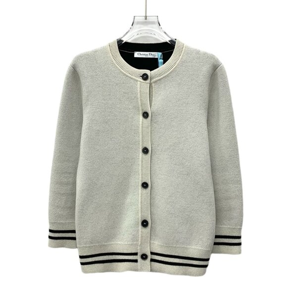 CHRISTIAN DIOR CASHMERE CARDIGAN SWEATER WITH STRIPED TRIM SIZE 36/XS LIGHT GREY - Picture 1 of 8